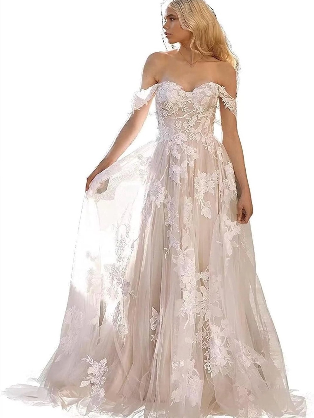 Off-Shoulder Lace Appliqué Tulle Evening Dress - Blush